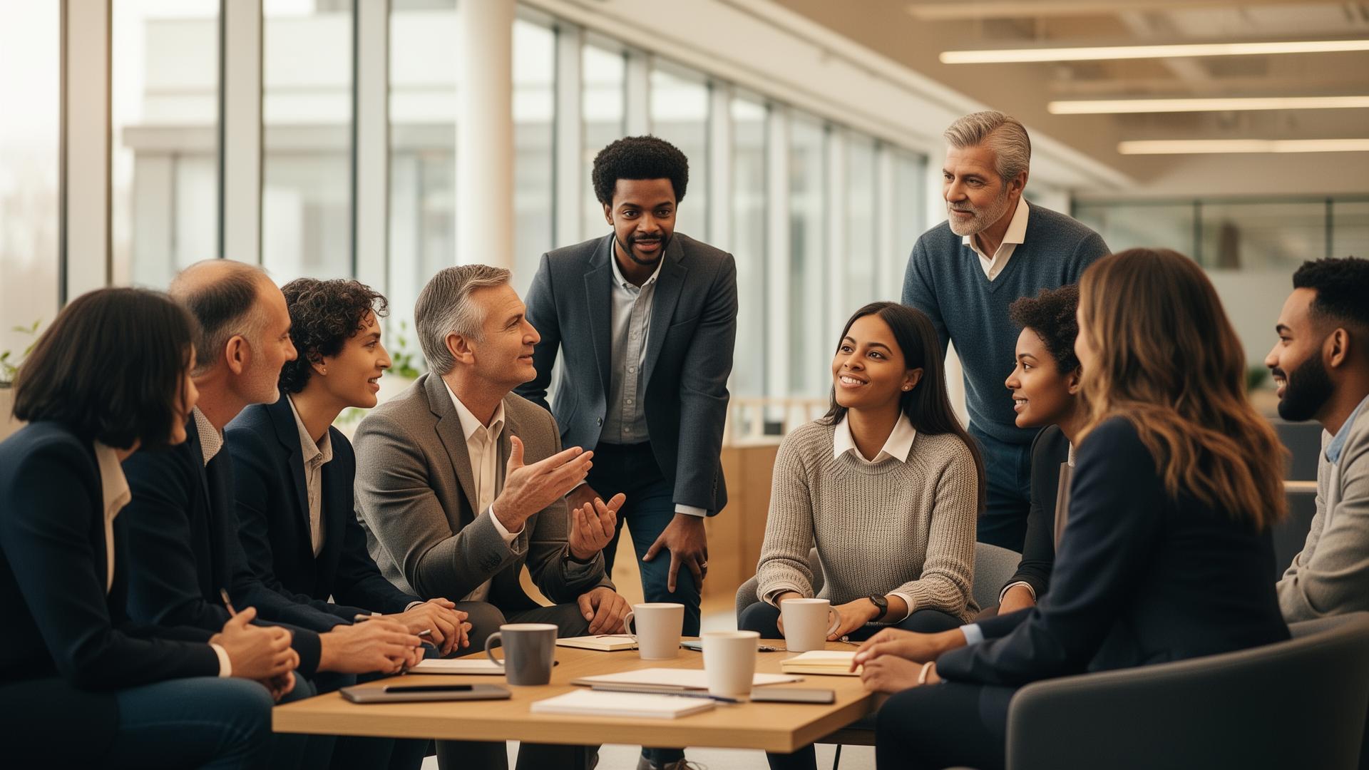 Diverse professionals collaborating and exchanging ideas